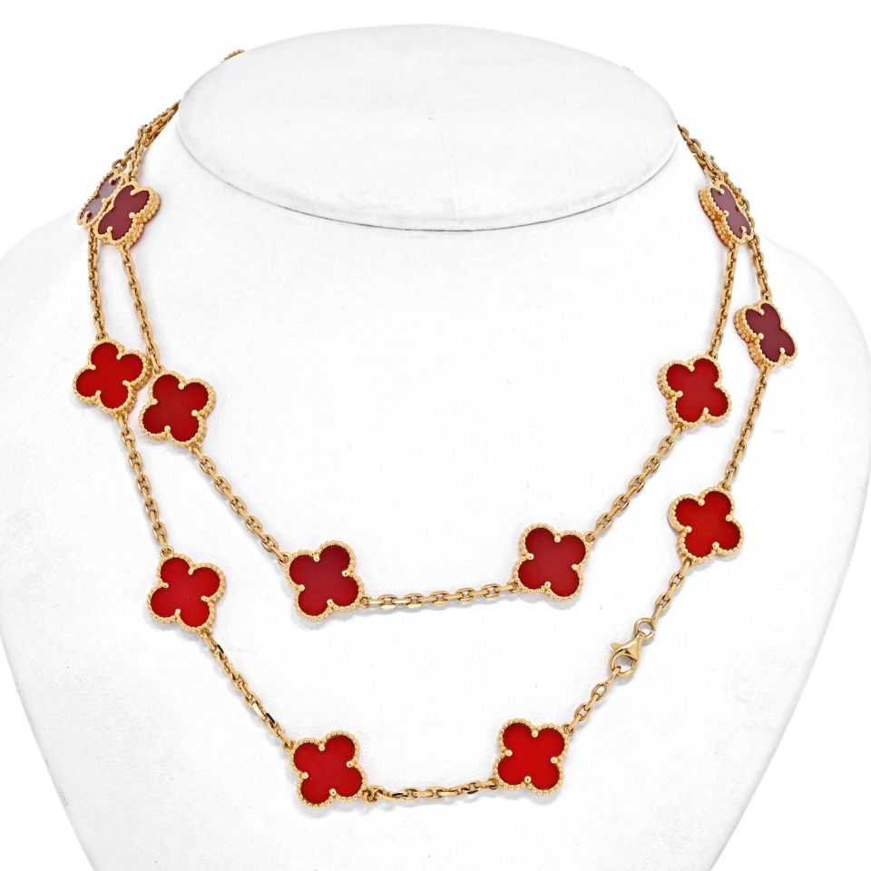 Van Cleef & Arpels Alhambra 18K Yellow Gold 20 Motif Vintage Alhambra Carnelian Necklace