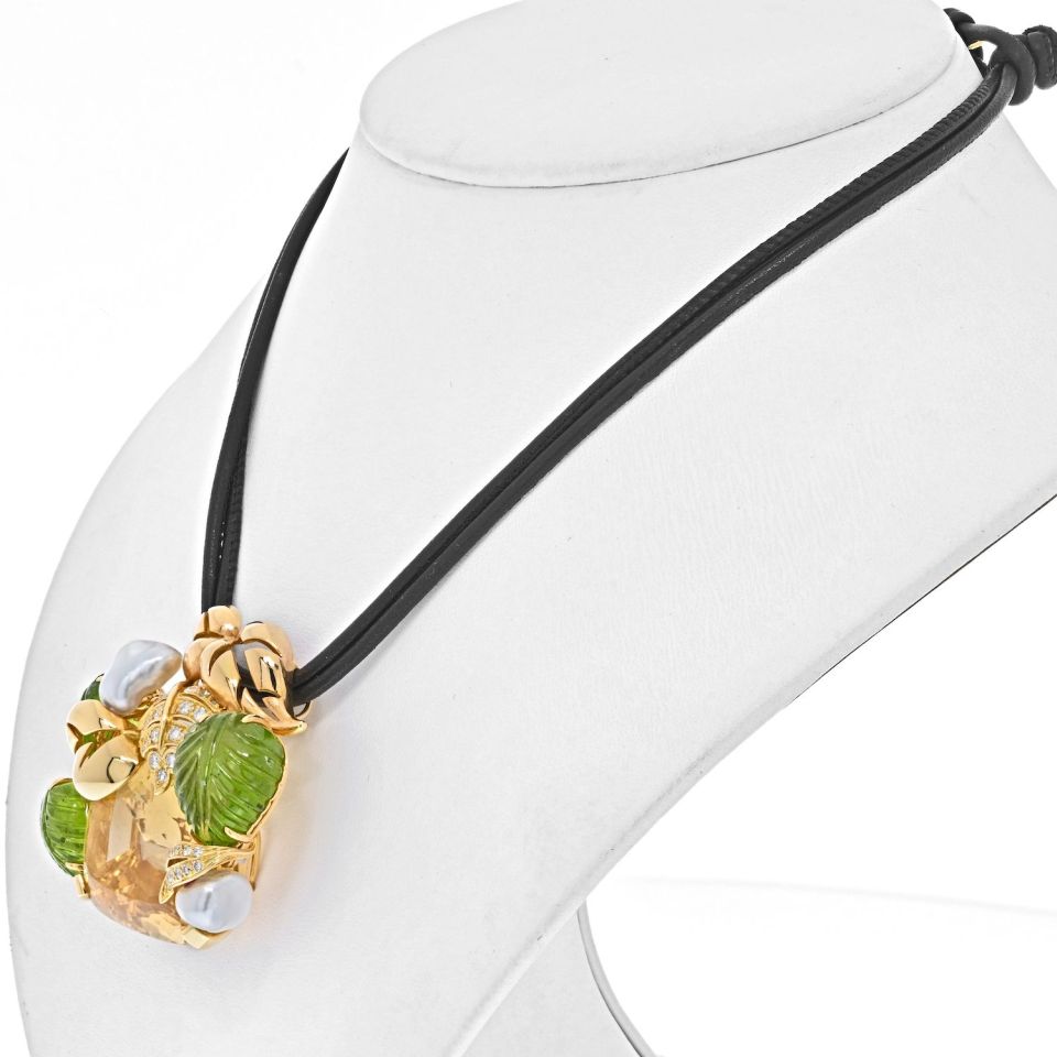 Seaman Schepps 18K Yellow Gold Genstone Diamond Floral Large Pendant On A Cord Necklace