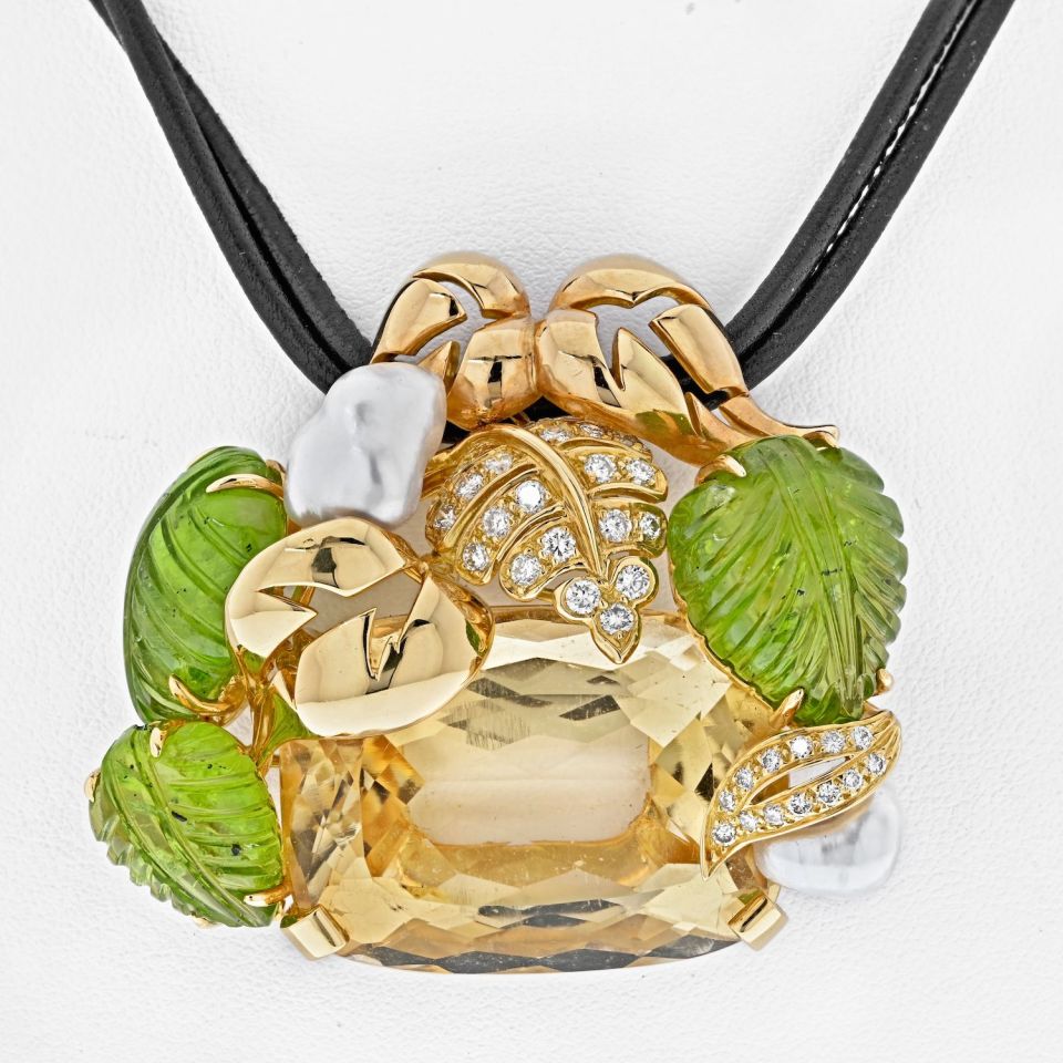 Seaman Schepps 18K Yellow Gold Genstone Diamond Floral Large Pendant On A Cord Necklace