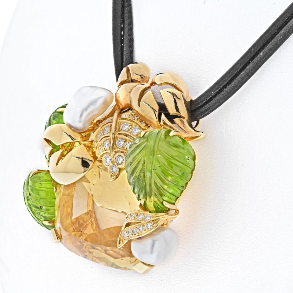 Seaman Schepps 18K Yellow Gold Genstone Diamond Floral Large Pendant On A Cord Necklace