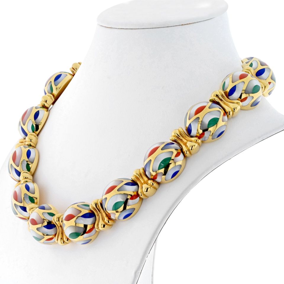Asch Grossbardt 18K Yellow Gold Mother Of Pearl Multi-Color Enamel Necklace