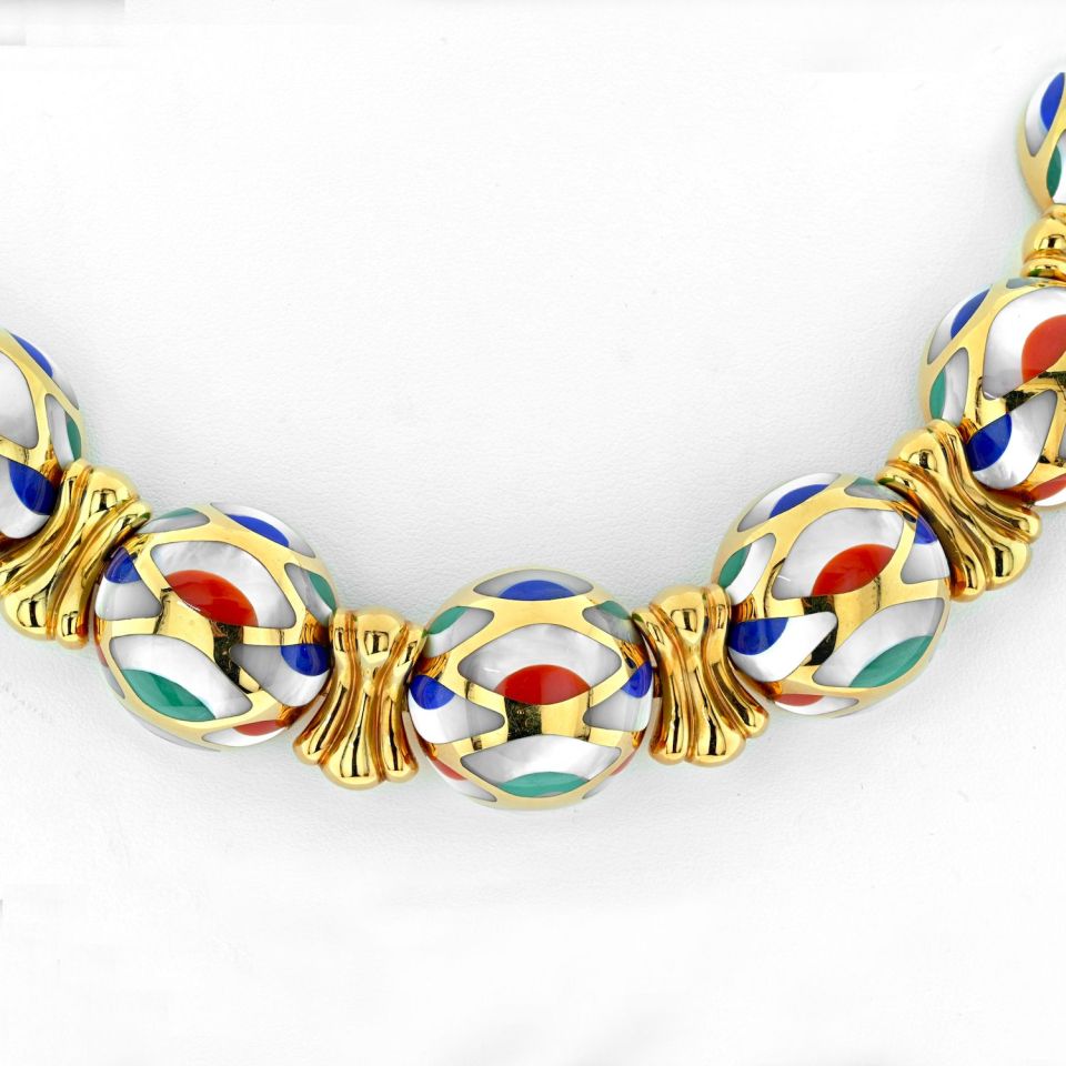 Asch Grossbardt 18K Yellow Gold Mother Of Pearl Multi-Color Enamel Necklace