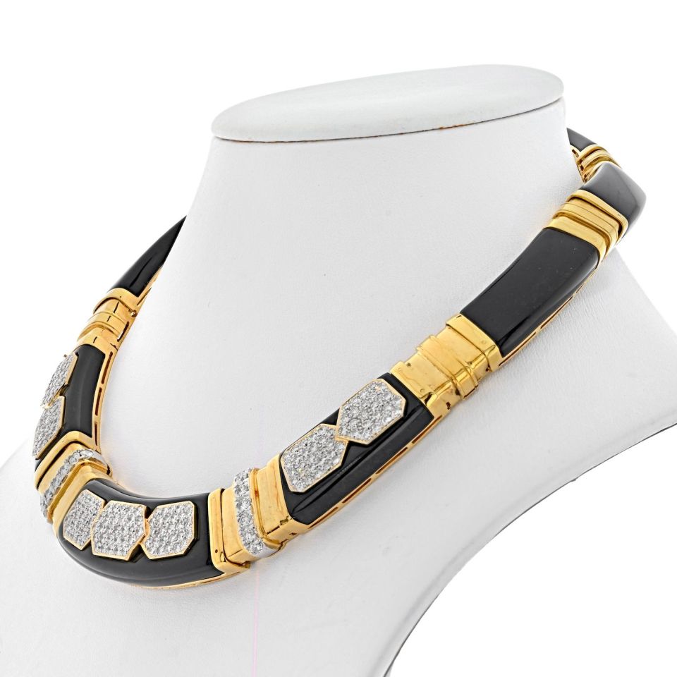 18K Yellow Gold Diamond, Onyx Gold Link Collar Necklace
