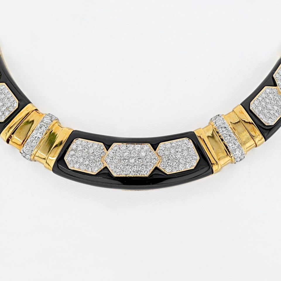18K Yellow Gold Diamond, Onyx Gold Link Collar Necklace
