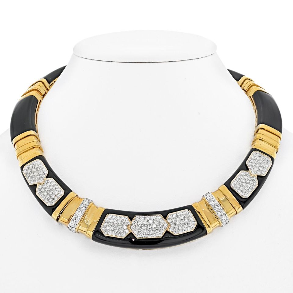 18K Yellow Gold Diamond, Onyx Gold Link Collar Necklace