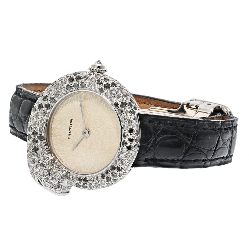 Cartier 18K White Gold Diamond Panthere 1925 Model Ref: 2323 Quartz Leather Watch