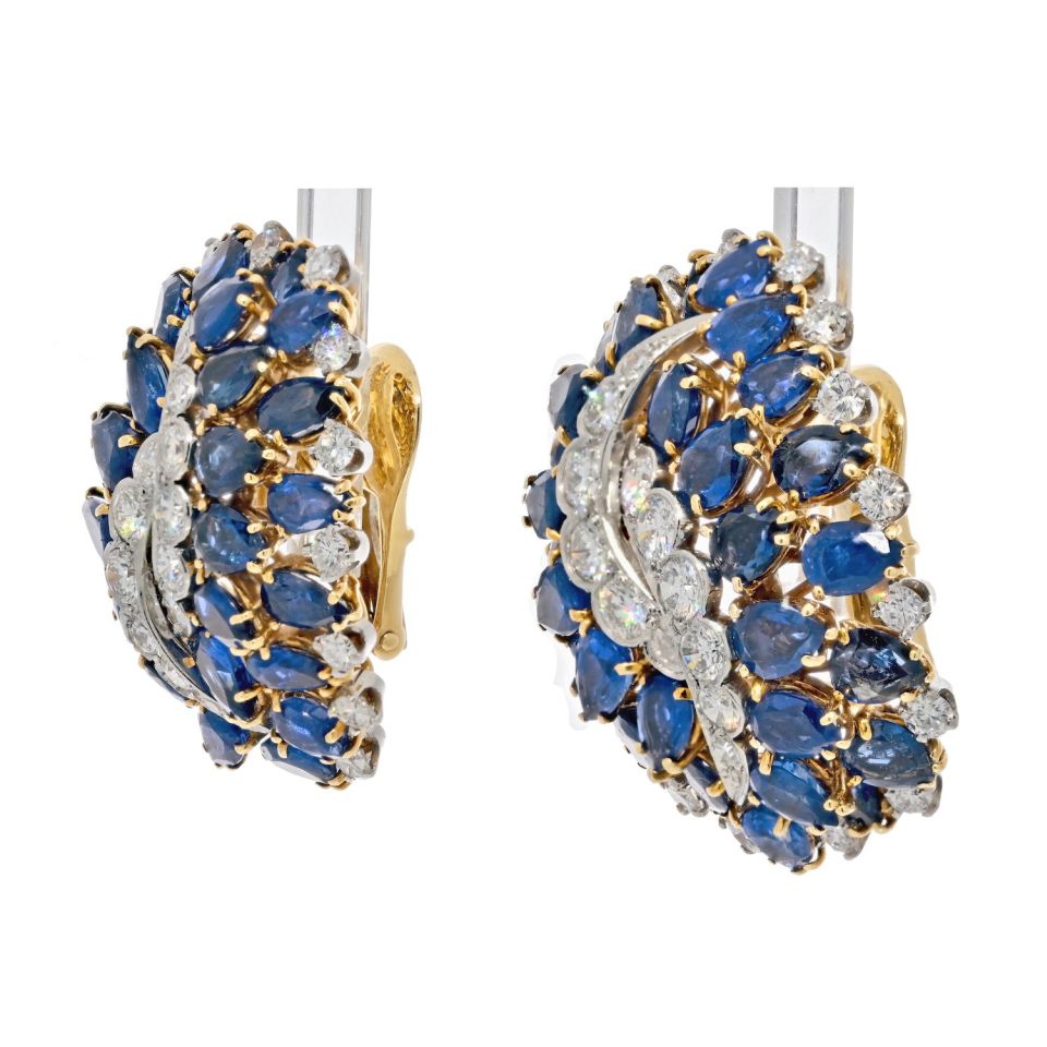 David Webb Platinum & 18K Yellow Gold Sapphire And Diamond Clip On Earrings
