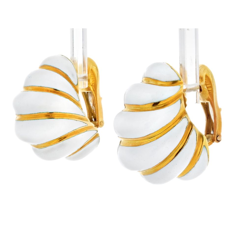 David Webb Platinum & 18K Yellow Gold Fluted White Enamel Shrimp Style Earrings