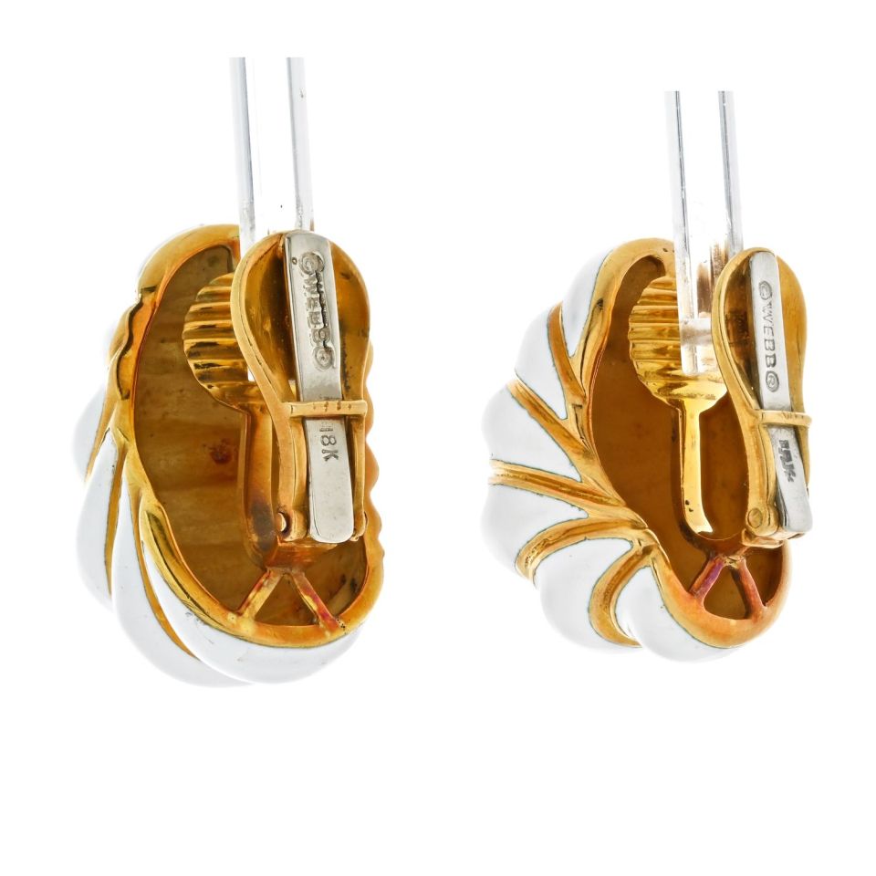 David Webb Platinum & 18K Yellow Gold Fluted White Enamel Shrimp Style Earrings
