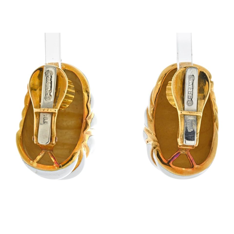 David Webb Platinum & 18K Yellow Gold Fluted White Enamel Shrimp Style Earrings