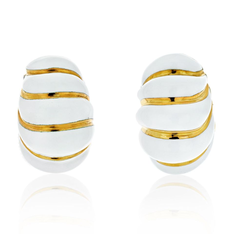David Webb Platinum & 18K Yellow Gold Fluted White Enamel Shrimp Style Earrings