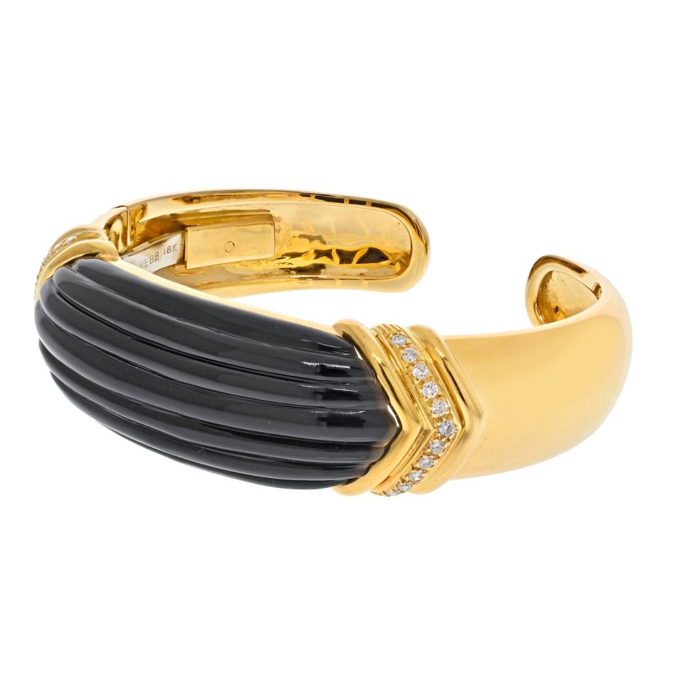 David Webb Platinum & 18K Yellow Gold Carved Onyx And Diamond Hinged Cuff Bracelet