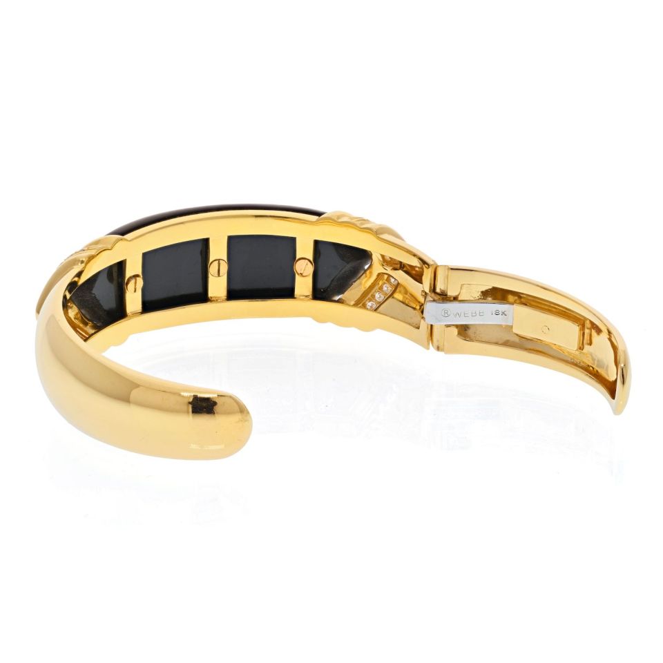 David Webb Platinum & 18K Yellow Gold Carved Onyx And Diamond Hinged Cuff Bracelet