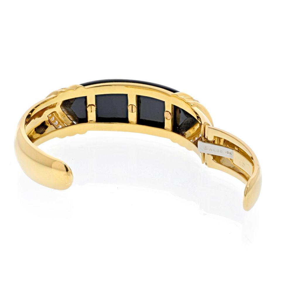 David Webb Platinum & 18K Yellow Gold Carved Onyx And Diamond Hinged Cuff Bracelet