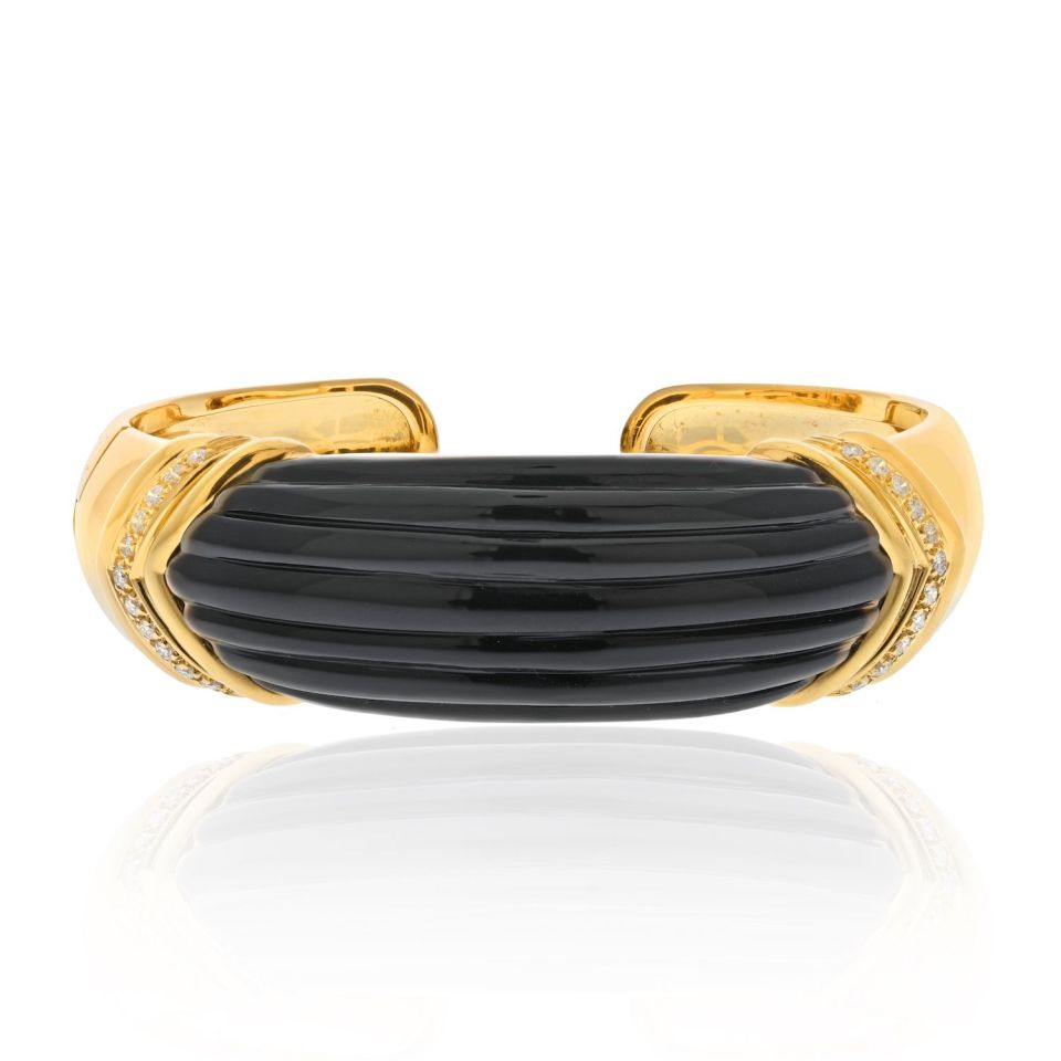 David Webb Platinum & 18K Yellow Gold Carved Onyx And Diamond Hinged Cuff Bracelet