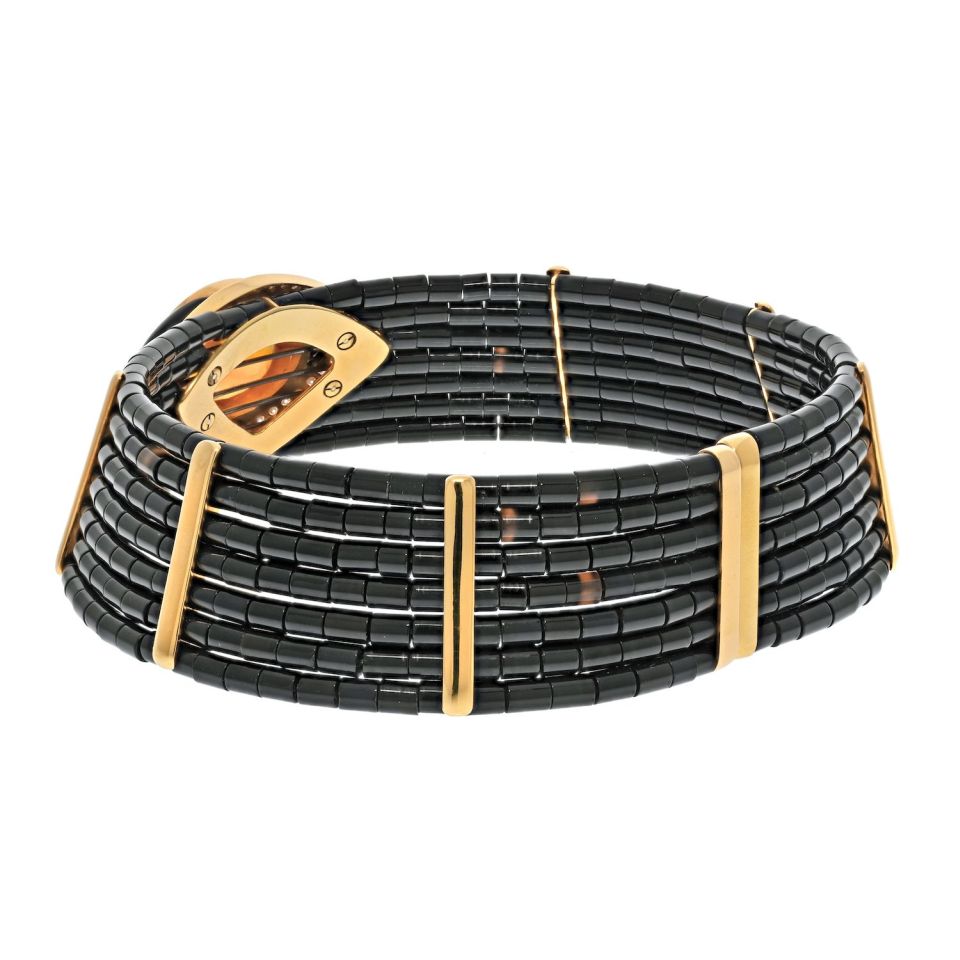 18K Yellow Gold Estate Black Onyx Citrine And Diamond Choker Necklace