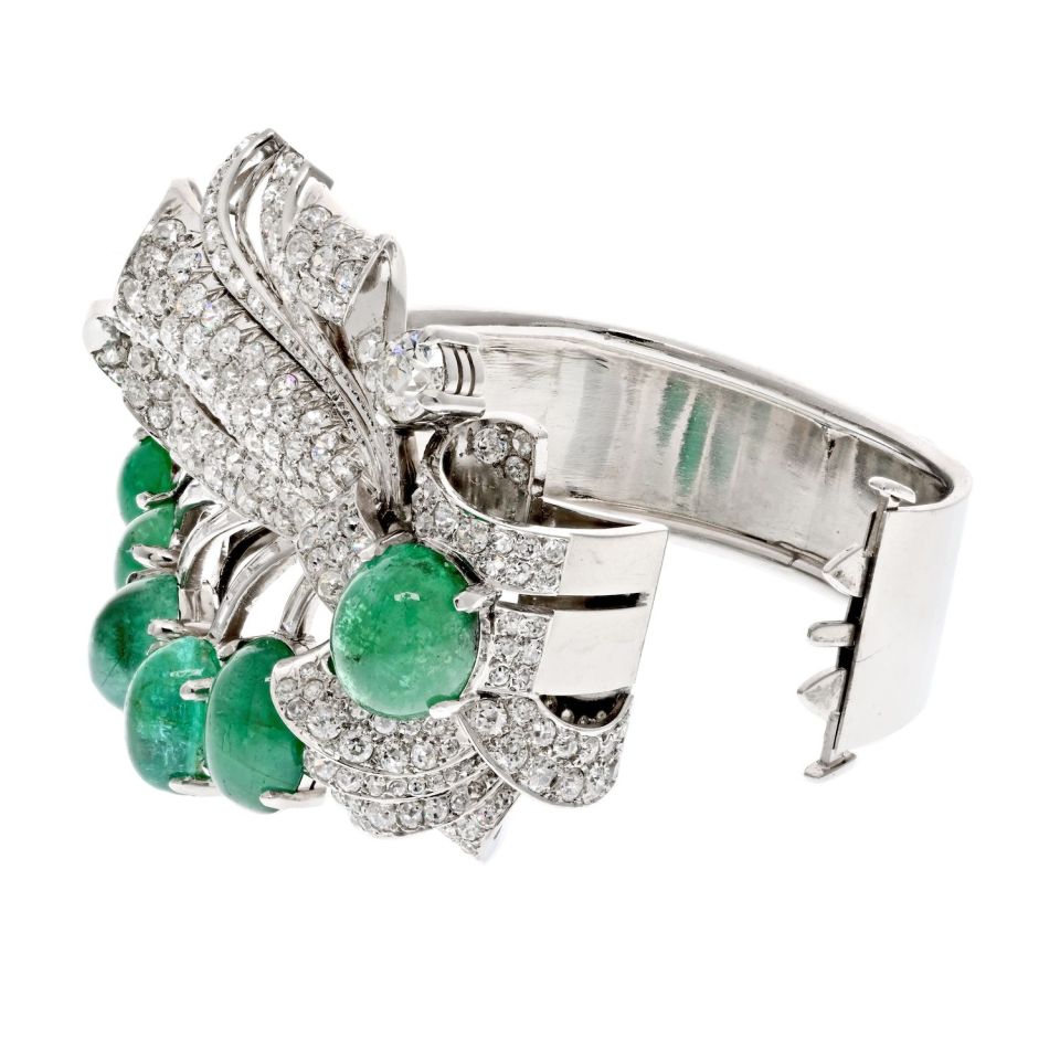 Platinum 1940's Cabochon Cut Green Emerald And Diamond Bracelet