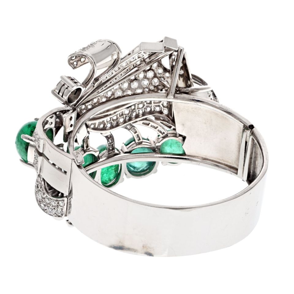 Platinum 1940's Cabochon Cut Green Emerald And Diamond Bracelet