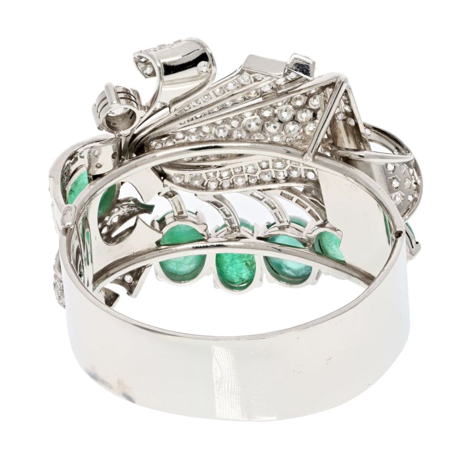 Platinum 1940's Cabochon Cut Green Emerald And Diamond Bracelet