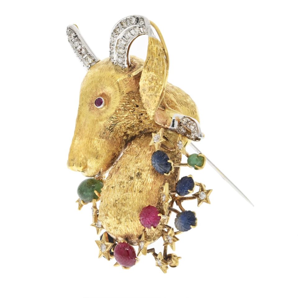14K Yellow Gold Diamond, Sapphire, Ruby Emeald Goat Brooch