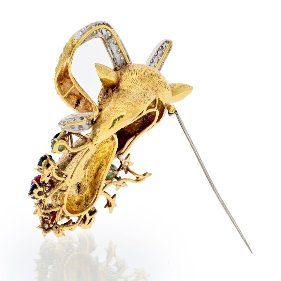 14K Yellow Gold Diamond, Sapphire, Ruby Emeald Goat Brooch