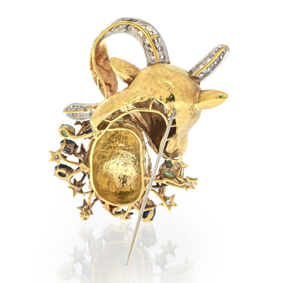 14K Yellow Gold Diamond, Sapphire, Ruby Emeald Goat Brooch