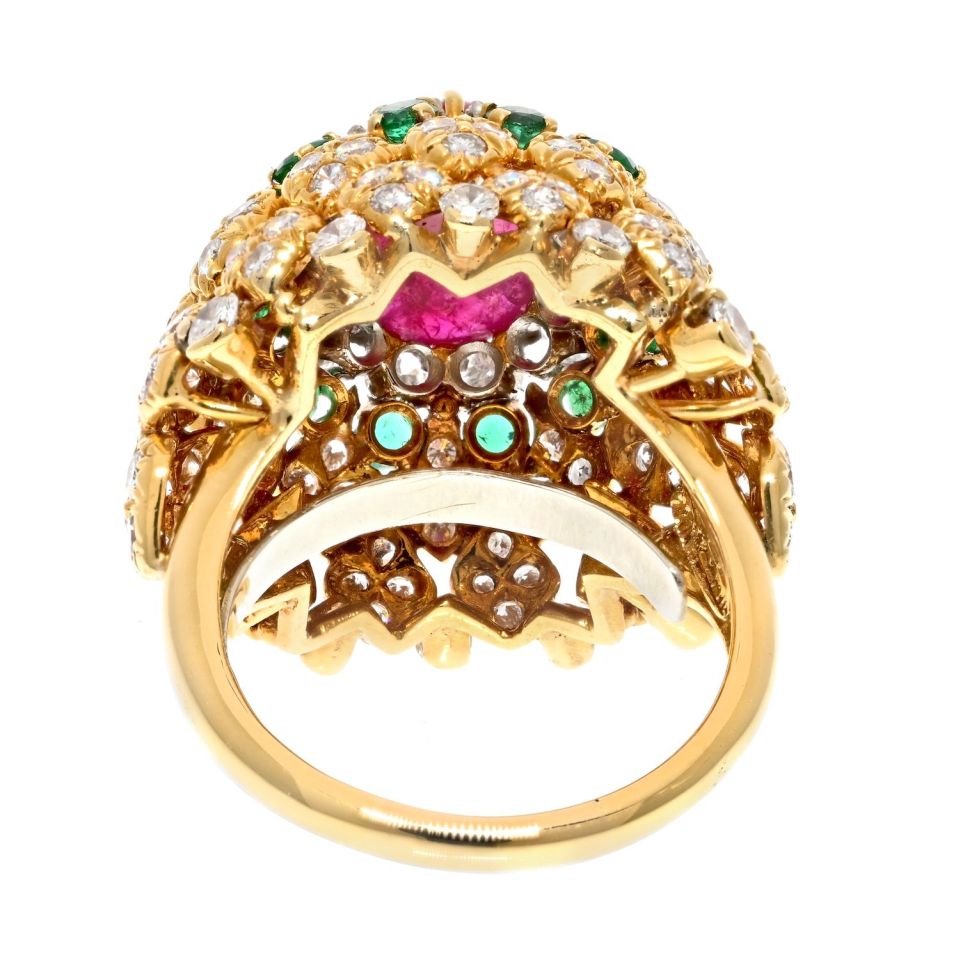 David Webb 18K Yellow Gold 1970's Ruby, Diamond and Emerald Cocktail Ring