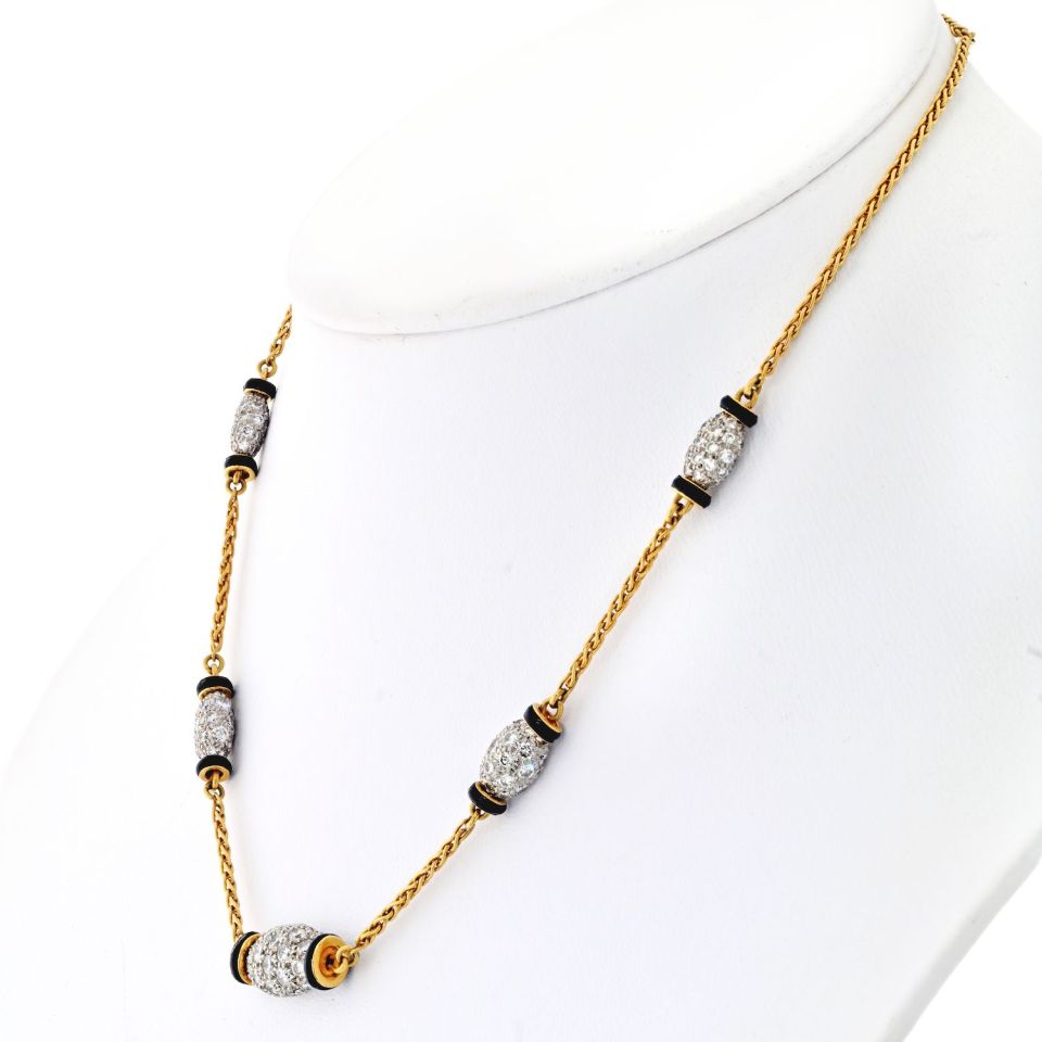 David Webb Platinum & 18K Yellow Gold Night Cap 5 Station Black Enamel 15.5 inches Necklace