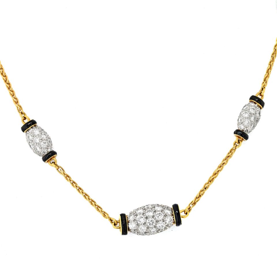 David Webb Platinum & 18K Yellow Gold Night Cap 5 Station Black Enamel 15.5 inches Necklace