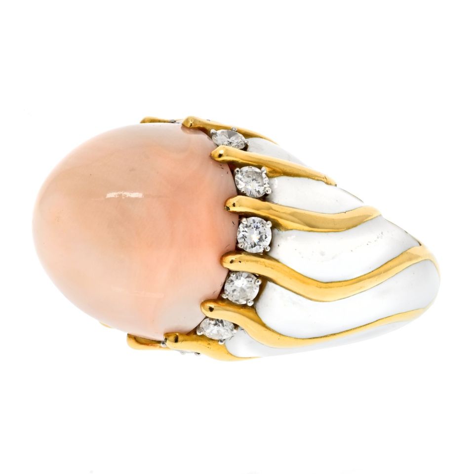 David Webb 18K Yellow Gold 1970's Coral Dome, White Enamel Diamond Ring