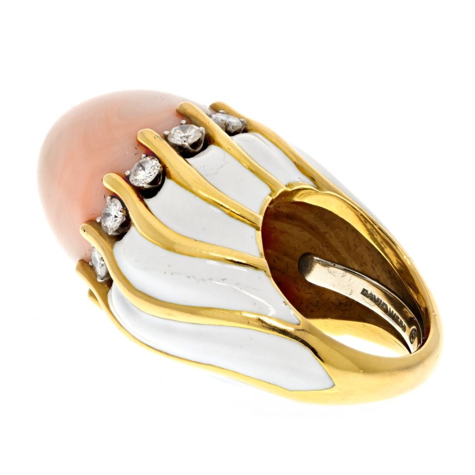 David Webb 18K Yellow Gold 1970's Coral Dome, White Enamel Diamond Ring