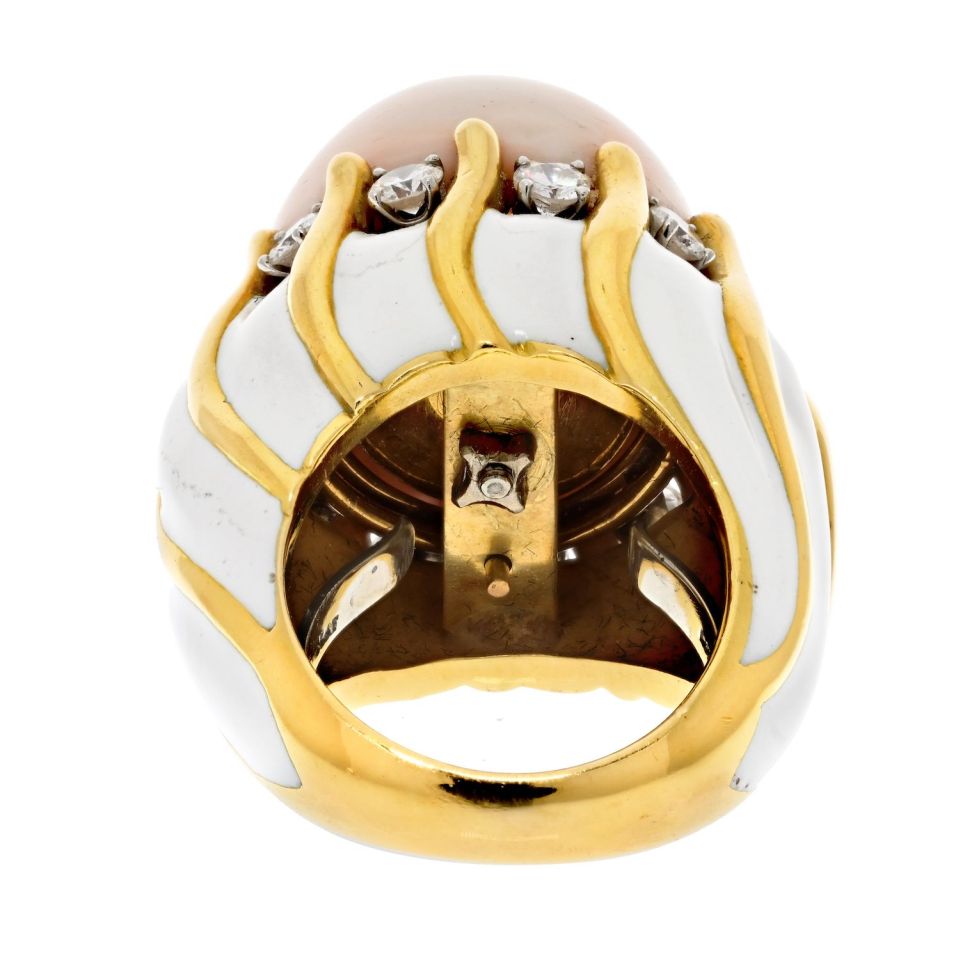 David Webb 18K Yellow Gold 1970's Coral Dome, White Enamel Diamond Ring