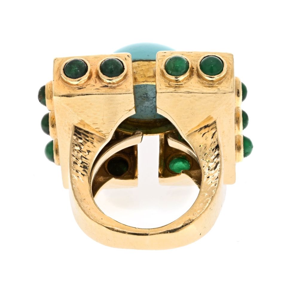 David Webb Platinum & 18K Yellow Gold Turquoise Diamond Emerald Oversized Ring
