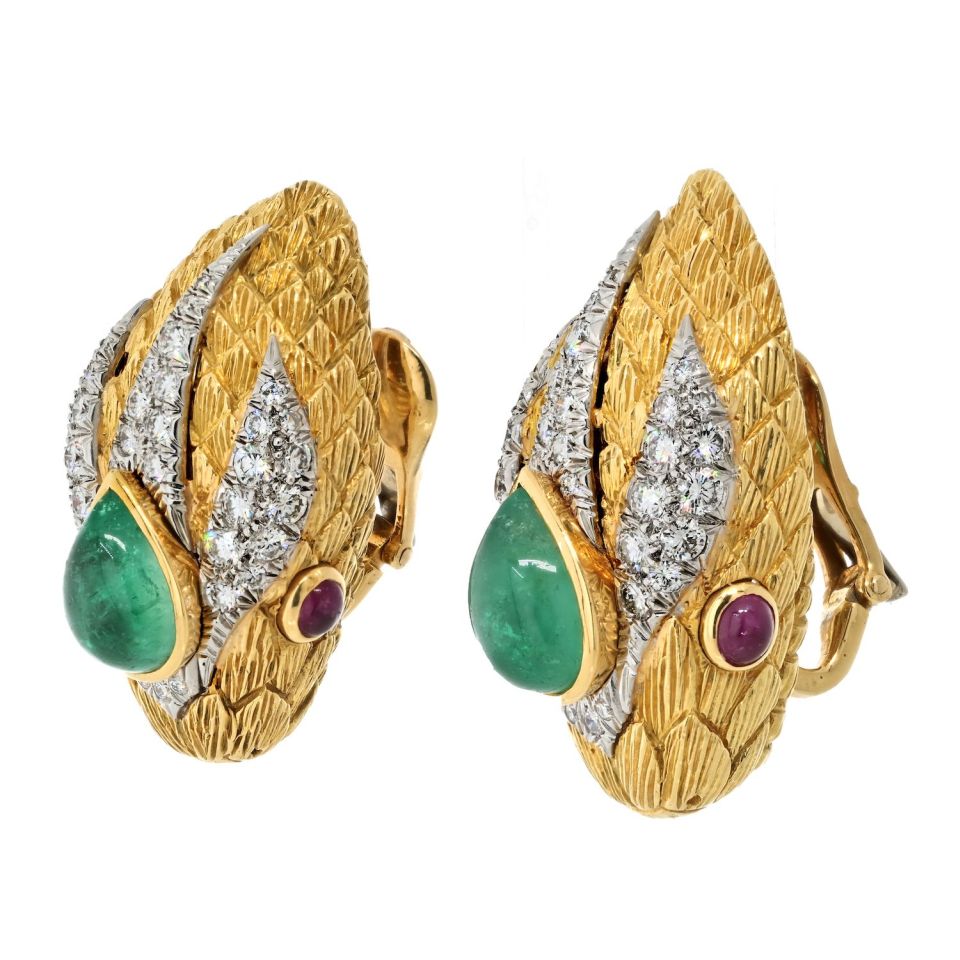 David Webb Vintage Platinum & 18K Yellow Gold Snake Green Emerald Ruby Diamond Clip On Earrings