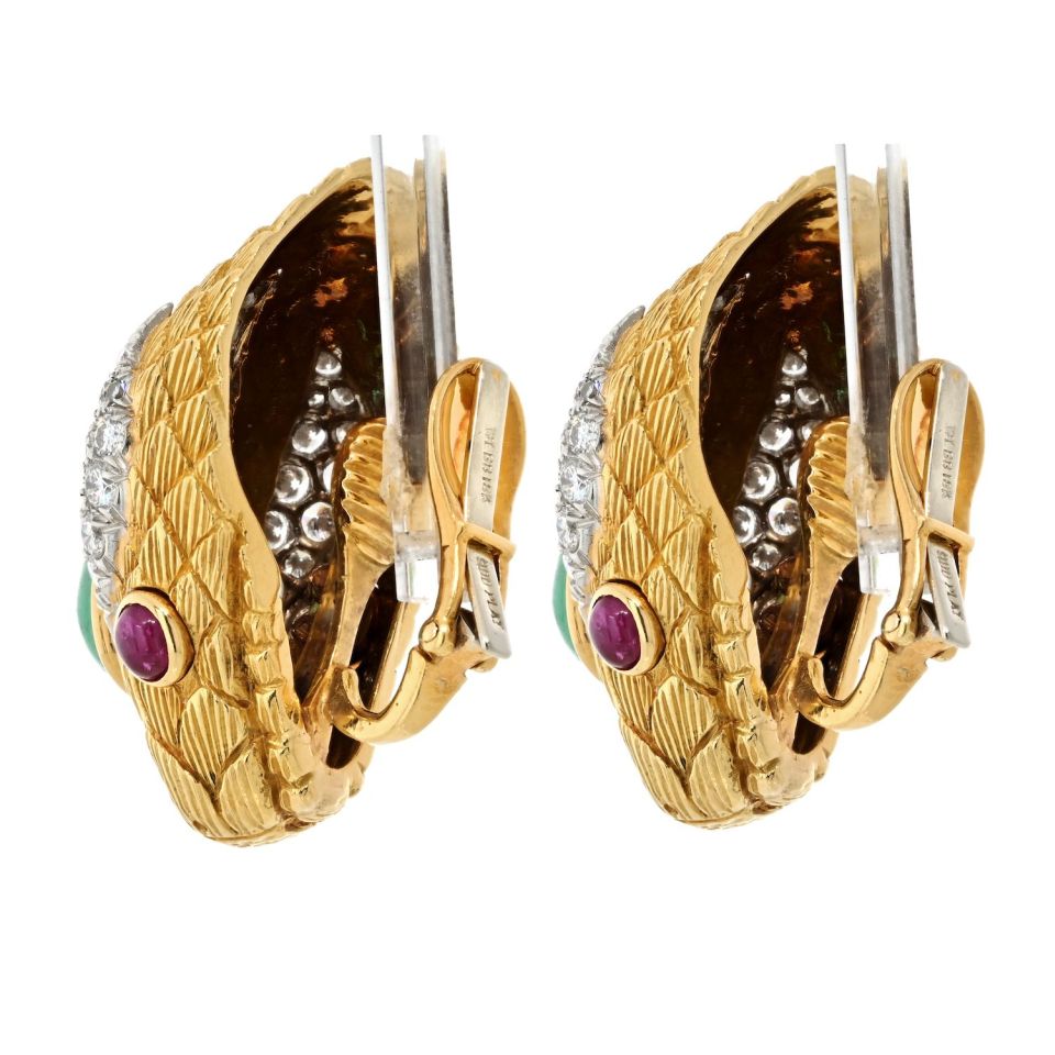 David Webb Vintage Platinum & 18K Yellow Gold Snake Green Emerald Ruby Diamond Clip On Earrings