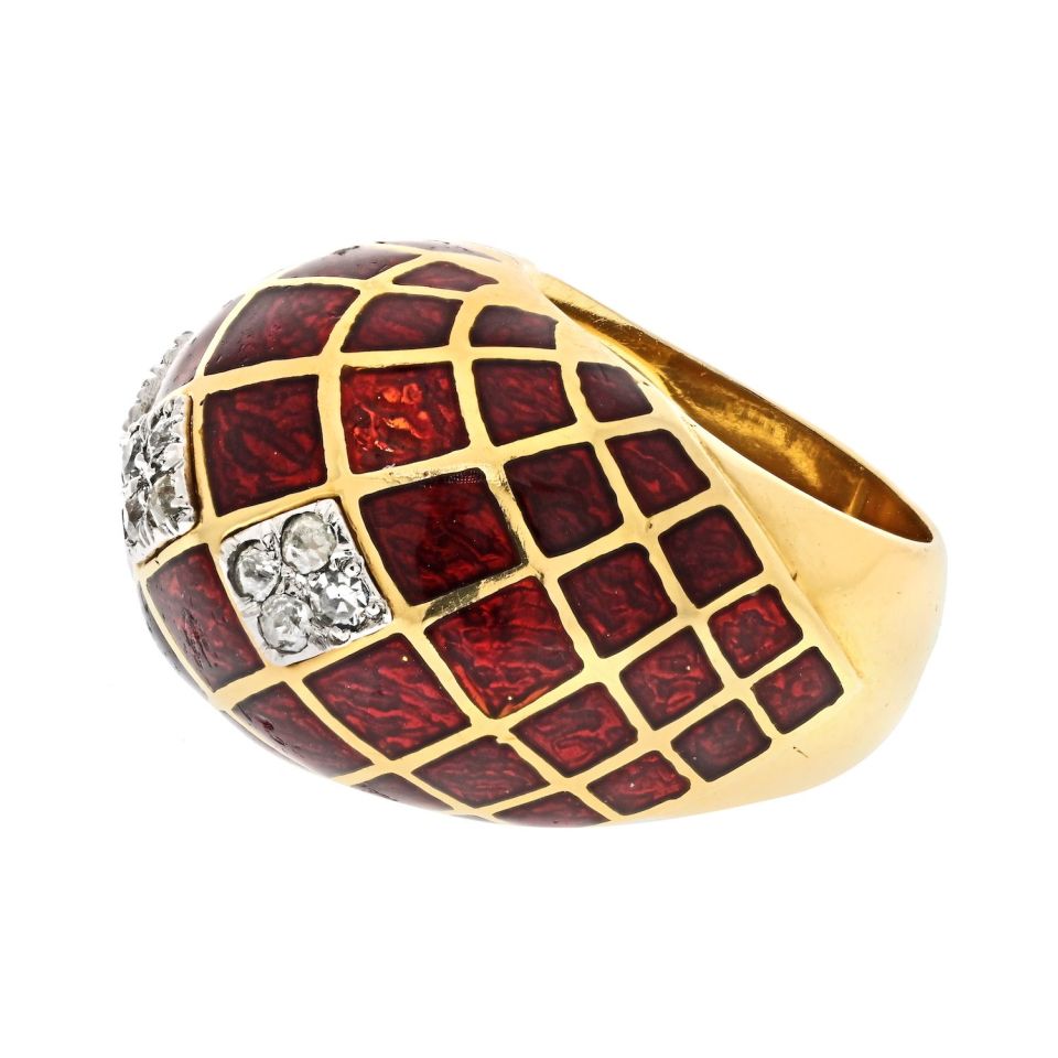 David Webb Platinum & 18K Yellow Gold Red Enamel Bombe Diamond Ring
