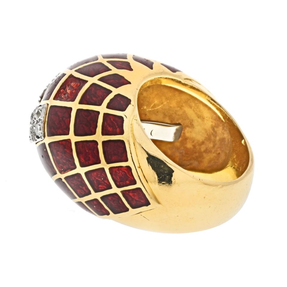 David Webb Platinum & 18K Yellow Gold Red Enamel Bombe Diamond Ring