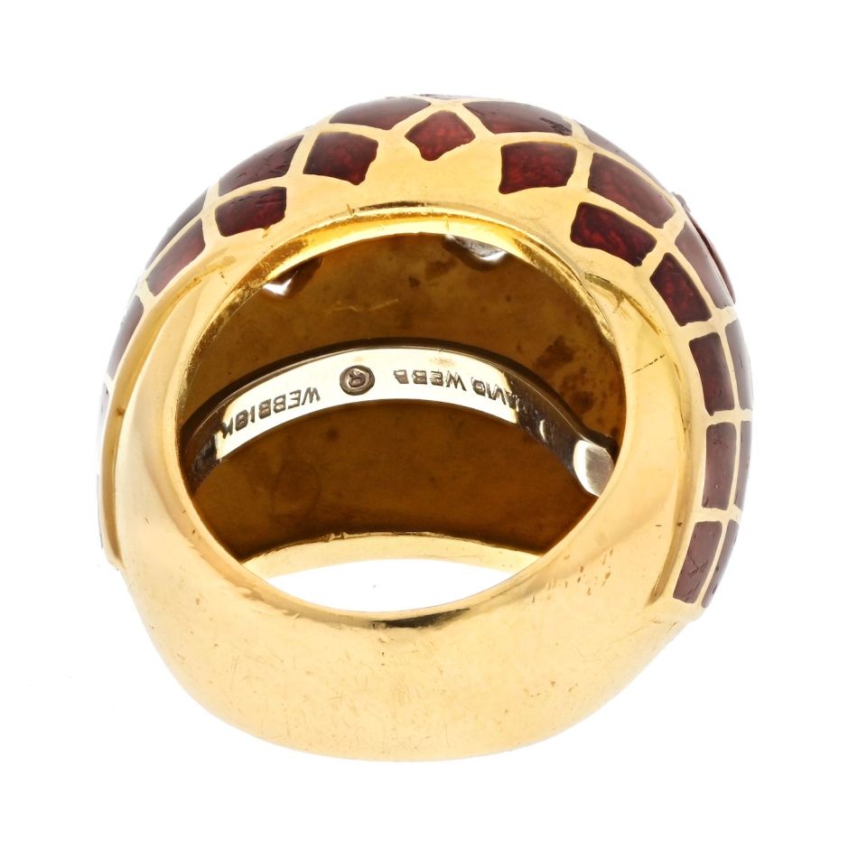 David Webb Platinum & 18K Yellow Gold Red Enamel Bombe Diamond Ring