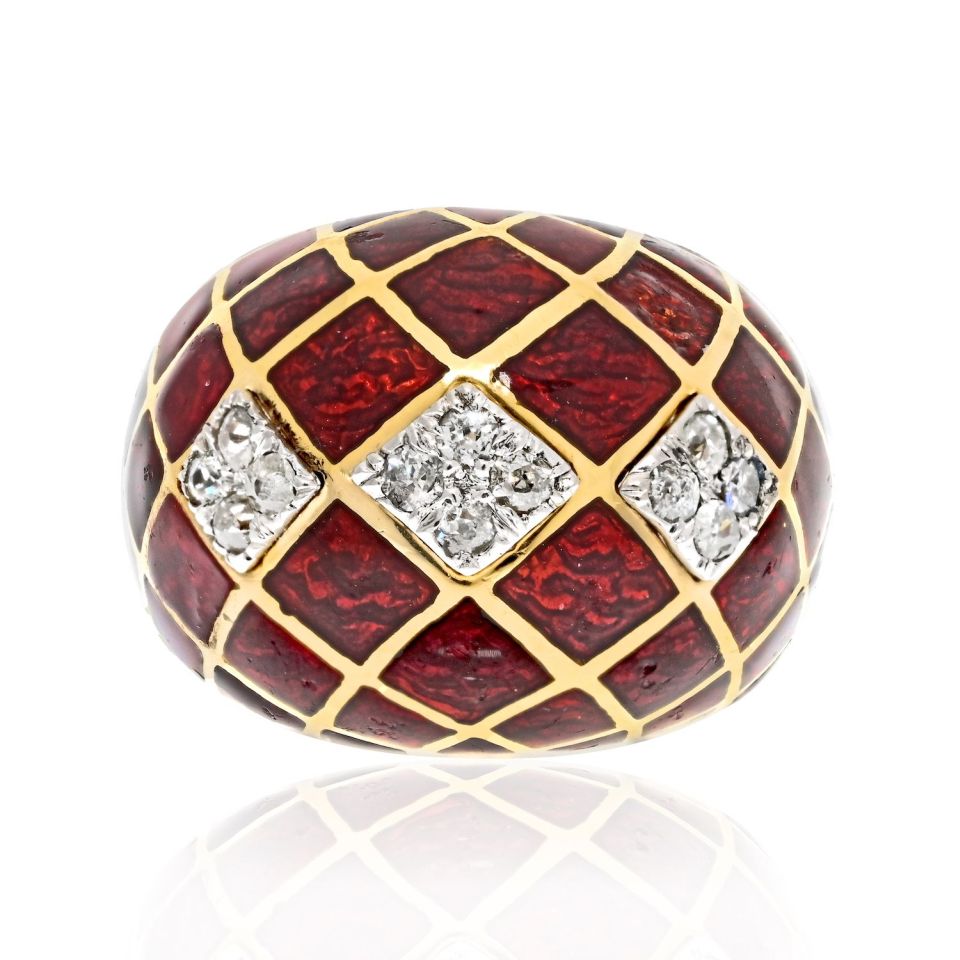 David Webb Platinum & 18K Yellow Gold Red Enamel Bombe Diamond Ring