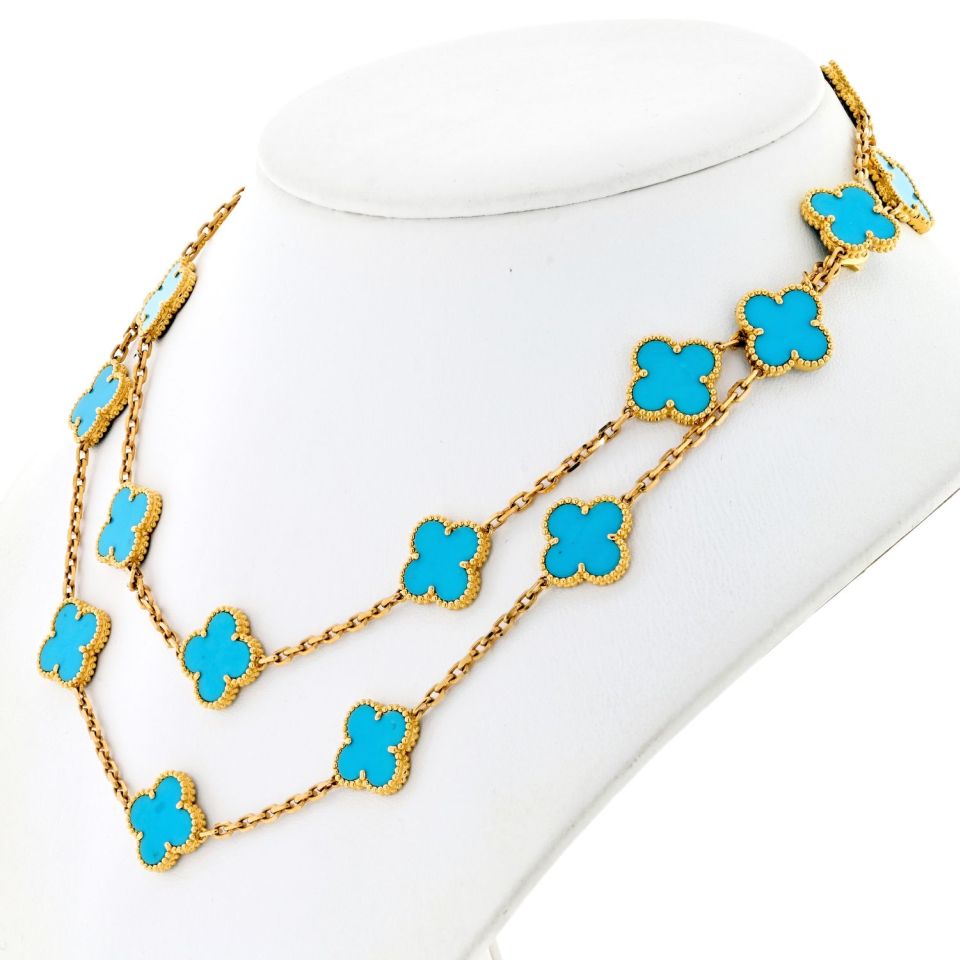 Van Cleef & Arpels Alhambra 18K Yellow Gold 20 Motif Turquoise Alhambra Very Rare Box And Papers Necklace
