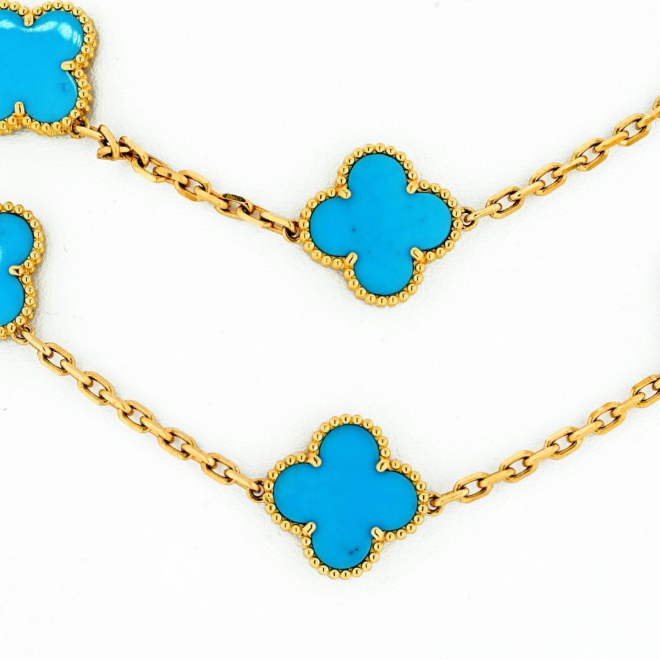 Van Cleef & Arpels Alhambra 18K Yellow Gold 20 Motif Turquoise Alhambra Very Rare Box And Papers Necklace