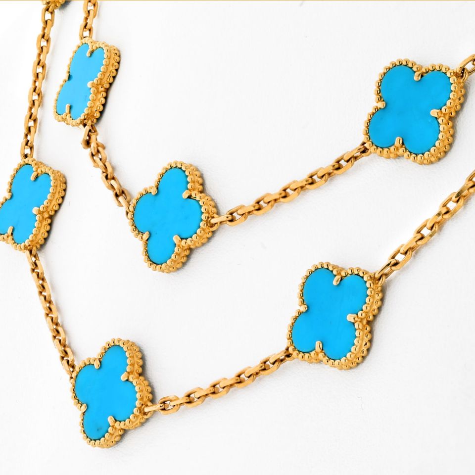 Van Cleef & Arpels Alhambra 18K Yellow Gold 20 Motif Turquoise Alhambra Very Rare Box And Papers Necklace
