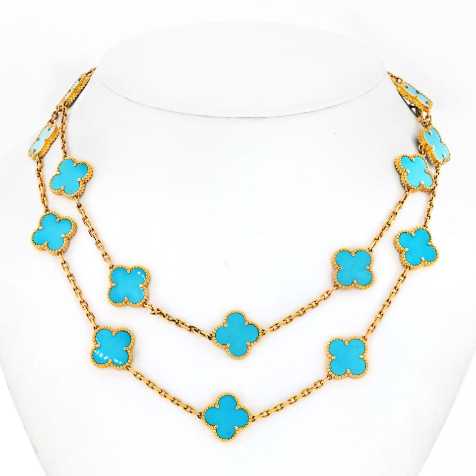 Van Cleef & Arpels Alhambra 18K Yellow Gold 20 Motif Turquoise Alhambra Very Rare Box And Papers Necklace