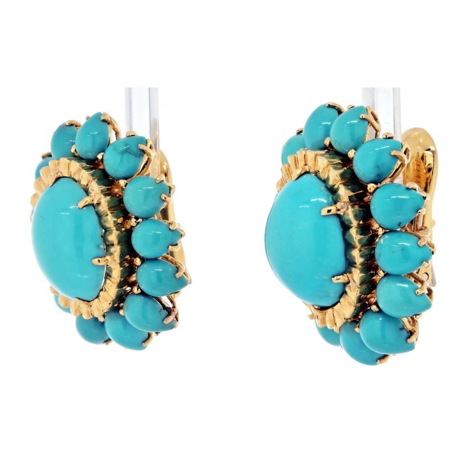 David Webb Platinum & 18K Yellow Gold Cabochon Cut Turquoise Flower Coral Clip-On Earrings