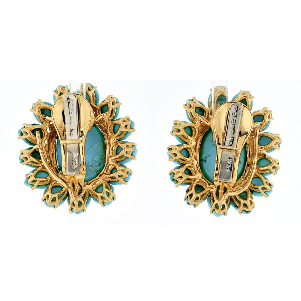 David Webb Platinum & 18K Yellow Gold Cabochon Cut Turquoise Flower Coral Clip-On Earrings