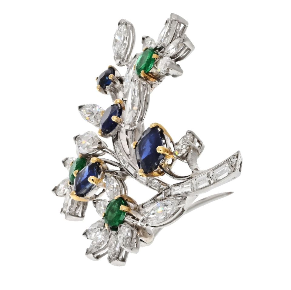 Van Cleef & Arpels Platinum Bouquet Diamond, Sapphire And Emerald Brooch