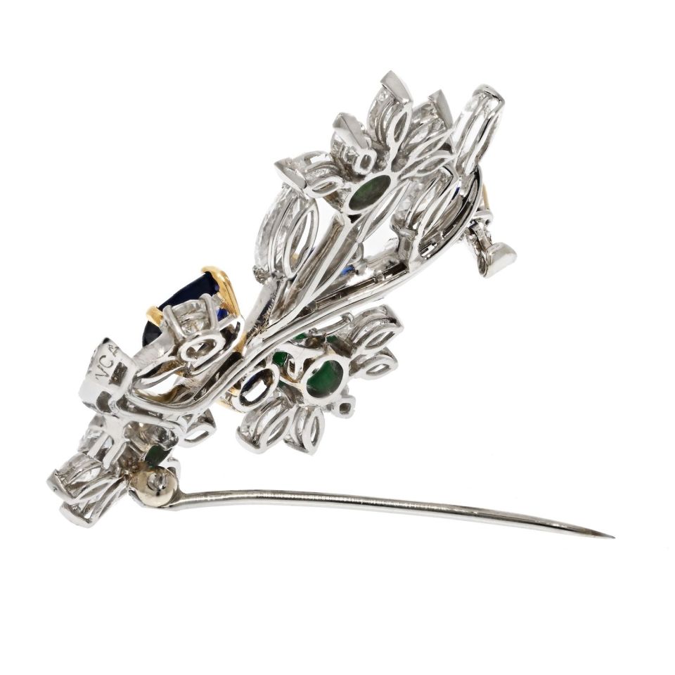 Van Cleef & Arpels Platinum Bouquet Diamond, Sapphire And Emerald Brooch