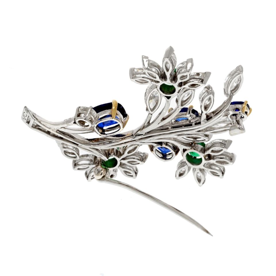 Van Cleef & Arpels Platinum Bouquet Diamond, Sapphire And Emerald Brooch