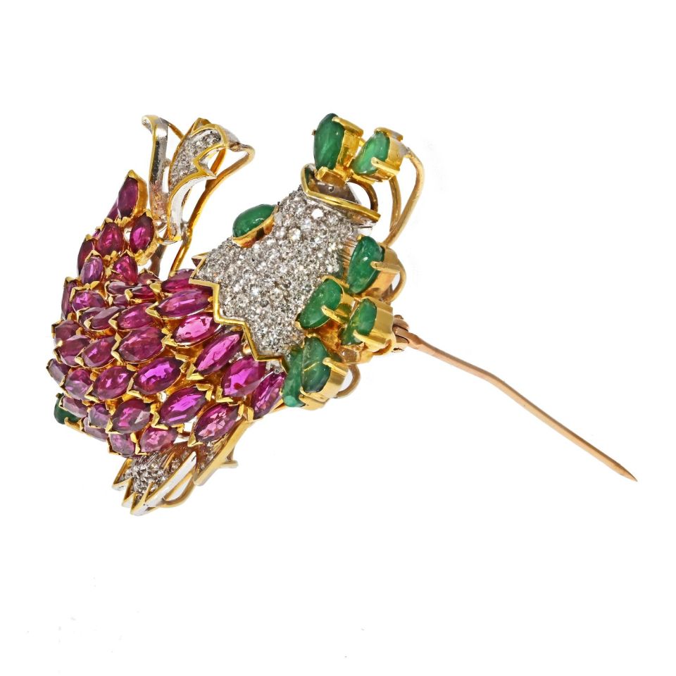 18K Two Tone Ruby, Diamond and Emerald Fish Brooch