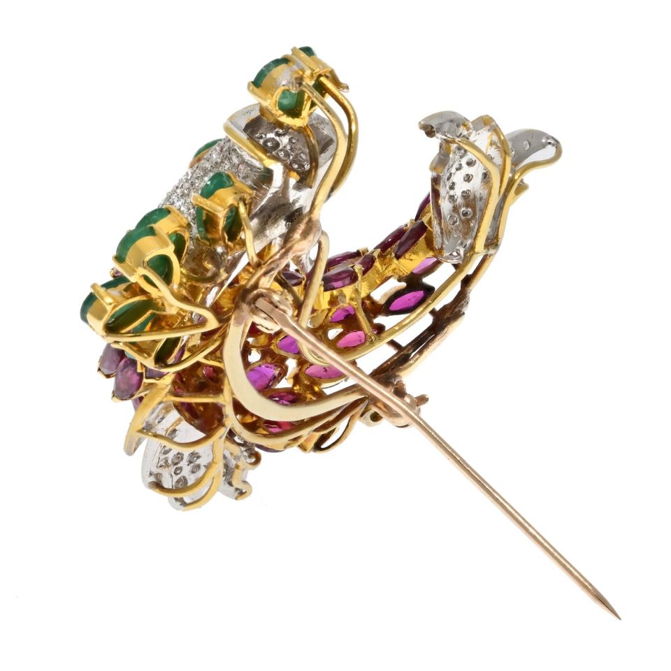 18K Two Tone Ruby, Diamond and Emerald Fish Brooch